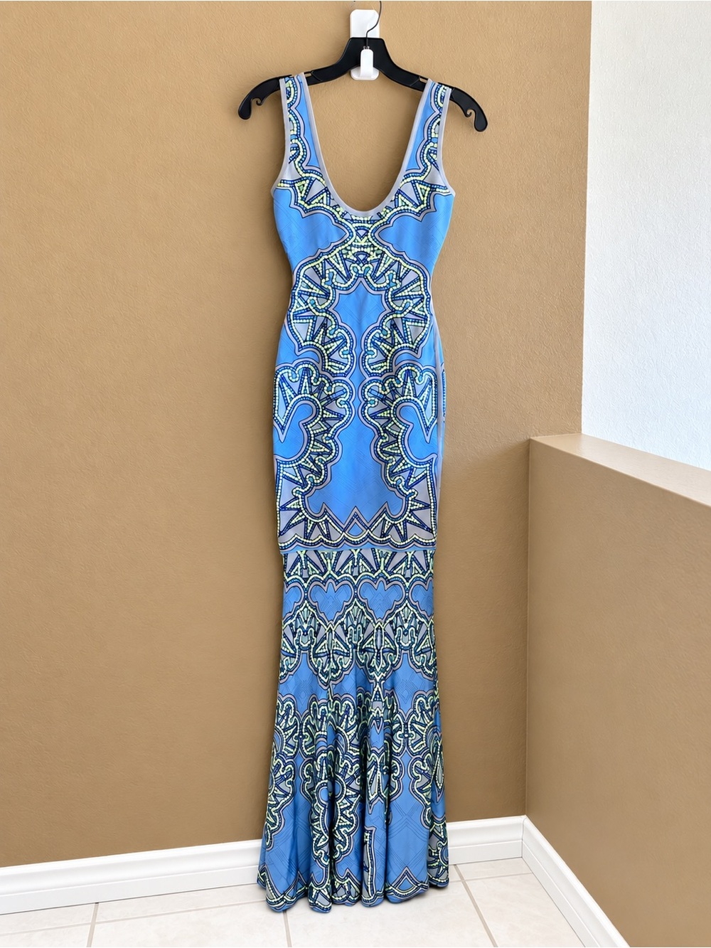 Herve Leger Blue and Lime Patterned Maxi Bodycon Dress